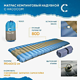 Матрас кемпинговый надувной "СЛЕДОПЫТ" с насосом, 190x60x12 cм, цв. голубой/серый